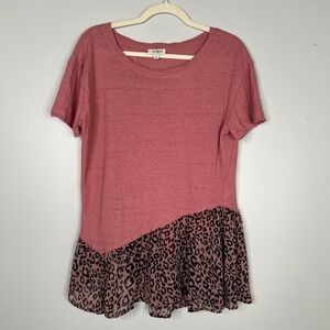 Umgee Linen Cotton Blend Mixed Media Animal Print Trim Short Sleeve Blouse Sz M